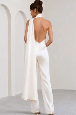 Cascada | Cream Satin Halter Jumpsuit With Draped Scarf