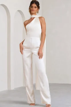 Cascada | Cream Satin Halter Jumpsuit With Draped Scarf
