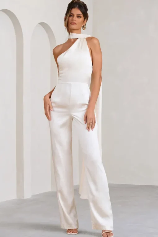 Cascada | Cream Satin Halter Jumpsuit With Draped Scarf