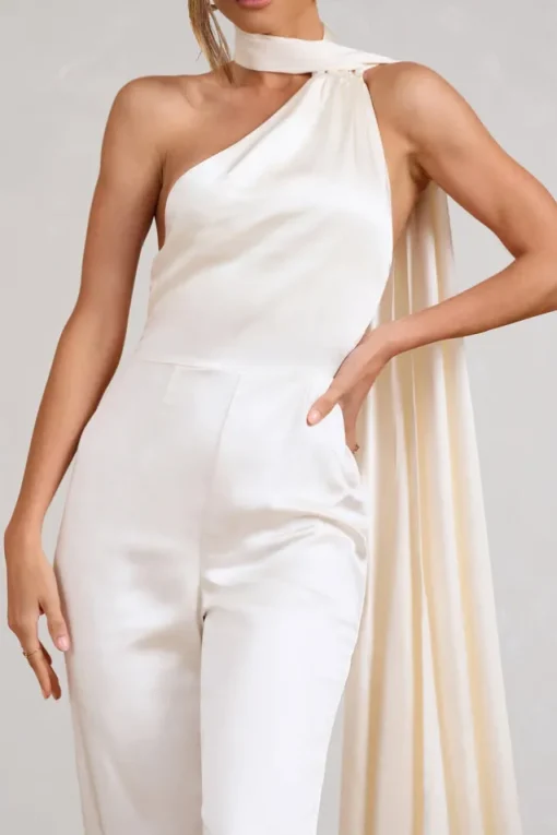Cascada | Cream Satin Halter Jumpsuit With Draped Scarf
