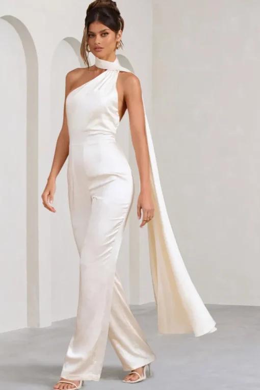 Cascada | Cream Satin Halter Jumpsuit With Draped Scarf