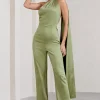 Cascada | Olive Green Satin Wide Leg Jumpsuit With Statement Scarf Neck