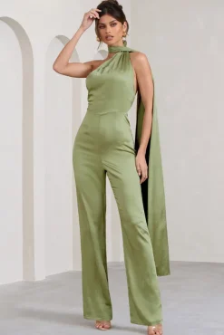 Cascada | Olive Green Satin Wide Leg Jumpsuit With Statement Scarf Neck