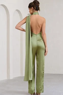 Cascada | Olive Green Satin Wide Leg Jumpsuit With Statement Scarf Neck