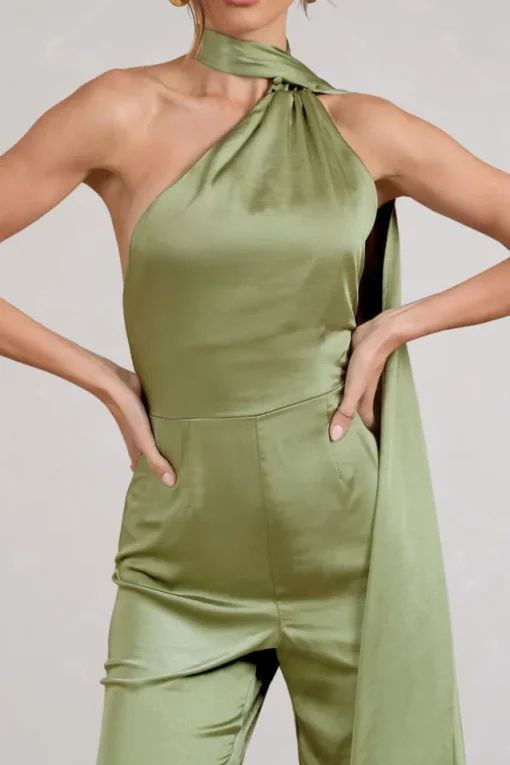 Cascada | Olive Green Satin Wide Leg Jumpsuit With Statement Scarf Neck