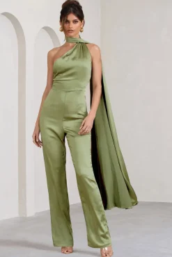 Cascada | Olive Green Satin Wide Leg Jumpsuit With Statement Scarf Neck
