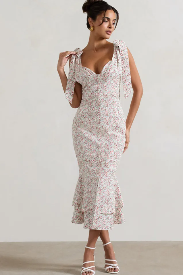 Caserta | White u0026 Red Floral Buttoned Midi Dress With Flared Hem