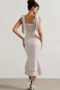 Caserta | White u0026 Red Floral Buttoned Midi Dress With Flared Hem