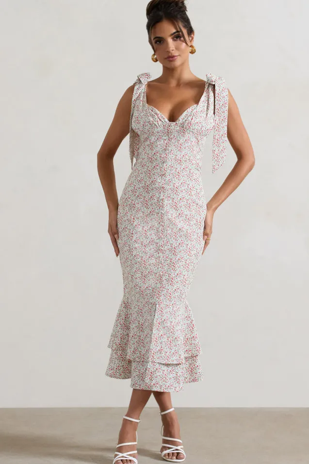 Caserta | White u0026 Red Floral Buttoned Midi Dress With Flared Hem