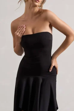 Catalina | Black Bandeau Maxi Dress With Draped Hem