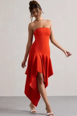 Catalina | Orange Bandeau Maxi Dress With Draped Hem