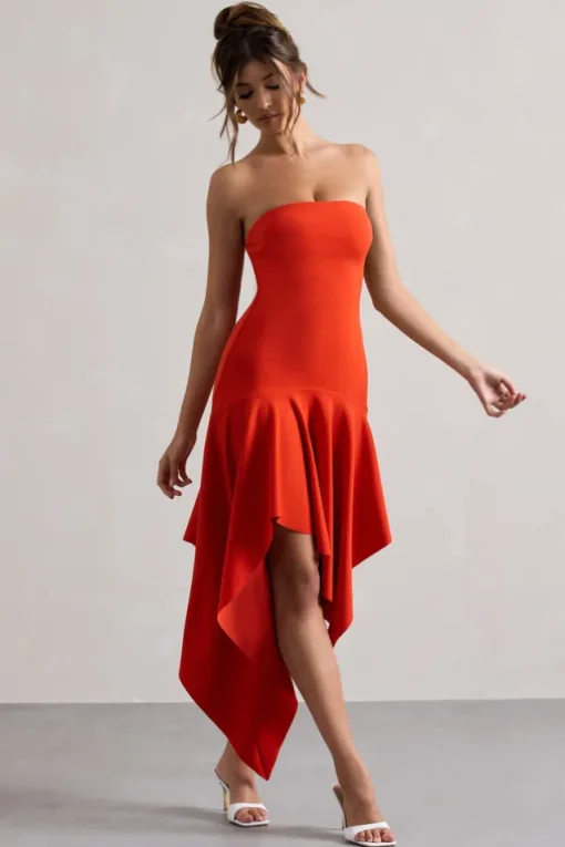 Catalina | Orange Bandeau Maxi Dress With Draped Hem