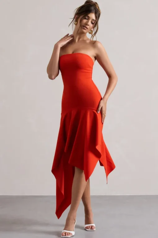Catalina | Orange Bandeau Maxi Dress With Draped Hem