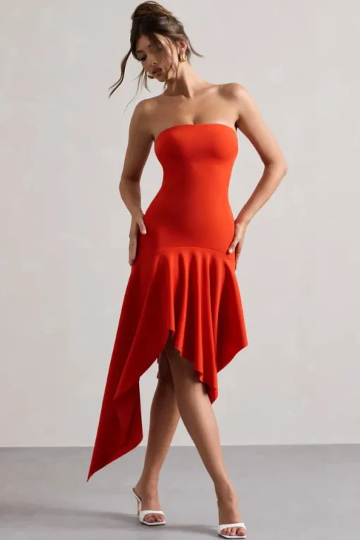 Catalina | Orange Bandeau Maxi Dress With Draped Hem