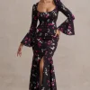 Catalonia | Black Ditsy Floral Print Chiffon Long-Sleeve Split Maxi Dress
