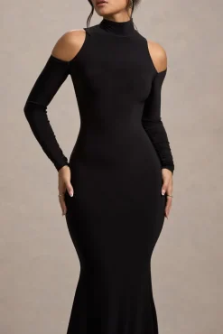 Catarina | Black Turtle-Neck Long-Sleeve Maxi Dress With Cold Shoulders