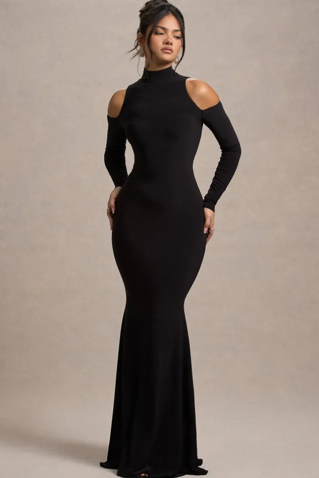 Catarina | Black Turtle-Neck Long-Sleeve Maxi Dress With Cold Shoulders