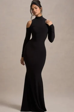 Catarina | Black Turtle-Neck Long-Sleeve Maxi Dress With Cold Shoulders