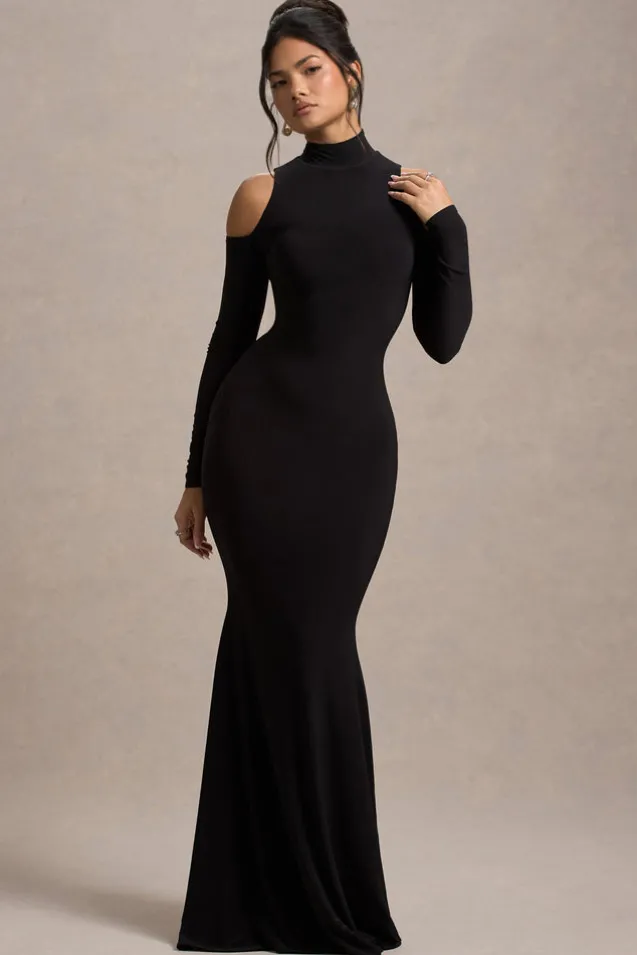 Catarina | Black Turtle-Neck Long-Sleeve Maxi Dress With Cold Shoulders