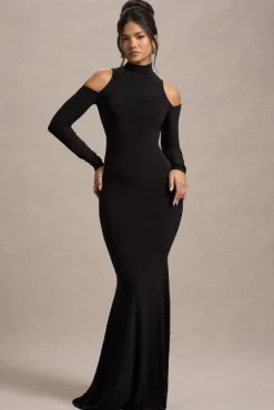 Catarina | Black Turtle-Neck Long-Sleeve Maxi Dress With Cold Shoulders