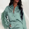 Catch My Eye | Duck Egg Blue Feather Sleeve Satin Shirt
