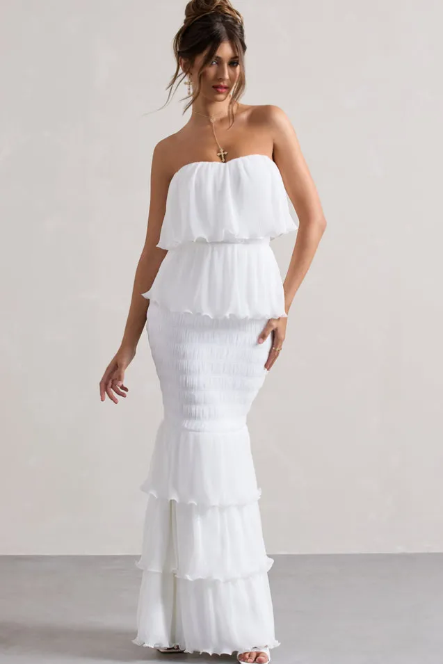 Catera | White Strapless Layered Ruffle Maxi Dress