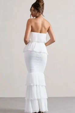 Catera | White Strapless Layered Ruffle Maxi Dress