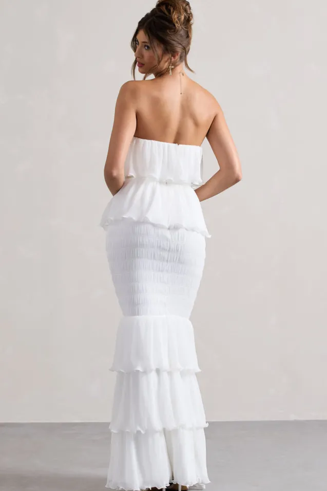 Catera | White Strapless Layered Ruffle Maxi Dress