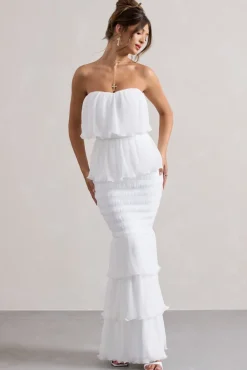 Catera | White Strapless Layered Ruffle Maxi Dress