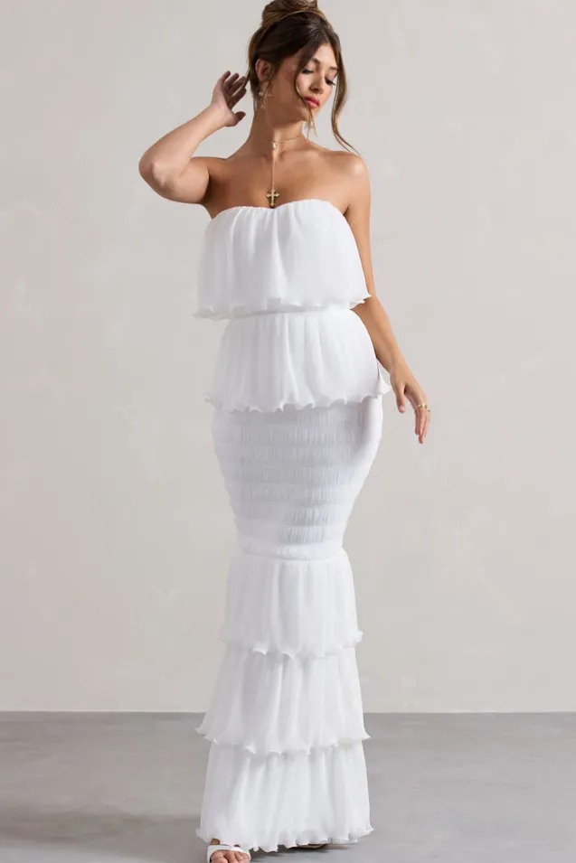 Catera | White Strapless Layered Ruffle Maxi Dress
