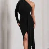 Catherine | Black One Sleeve Asymmetric Midi Dress With Statement Drape
