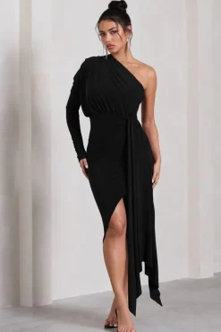 Catherine | Black One Sleeve Asymmetric Midi Dress With Statement Drape