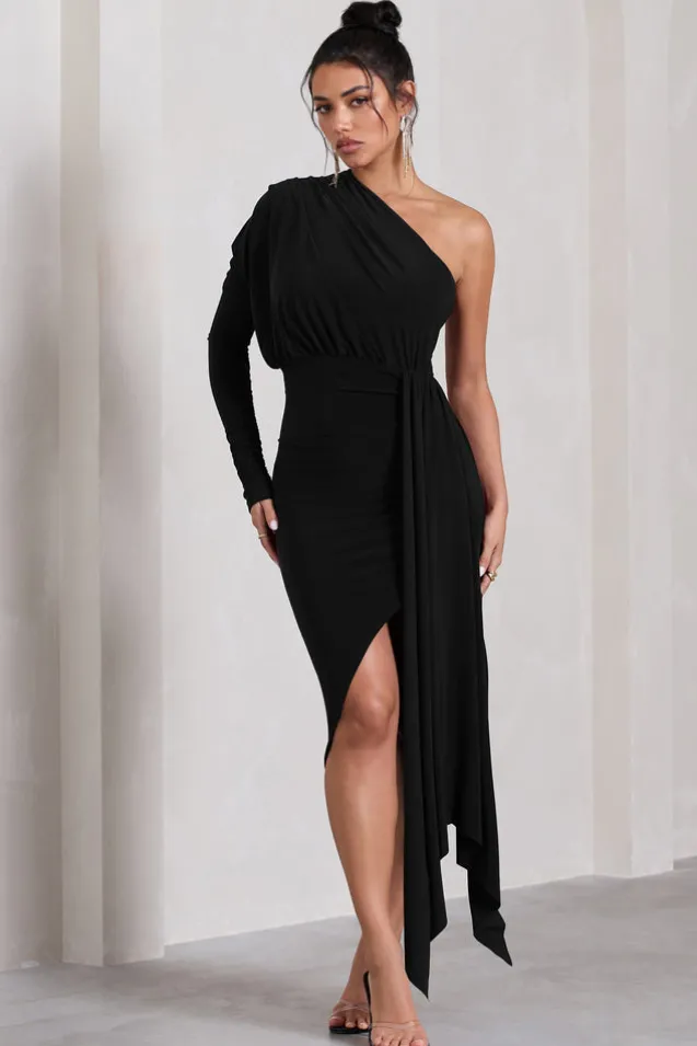 Catherine | Black One Sleeve Asymmetric Midi Dress With Statement Drape
