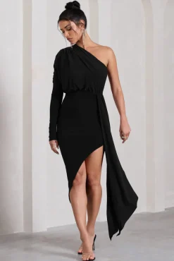 Catherine | Black One Sleeve Asymmetric Midi Dress With Statement Drape