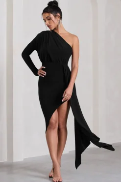 Catherine | Black One Sleeve Asymmetric Midi Dress With Statement Drape
