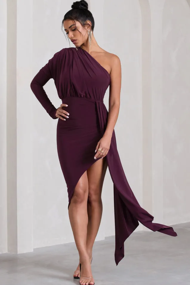Catherine | Plum One Sleeve Asymmetric Midi Dress With Statement Drape