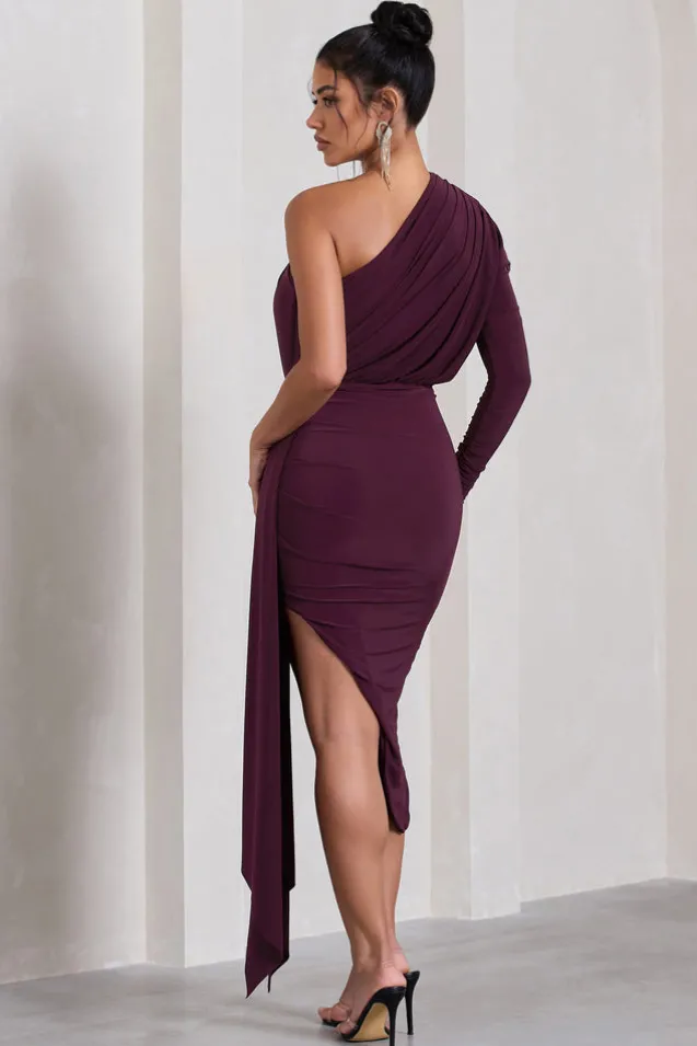 Catherine | Plum One Sleeve Asymmetric Midi Dress With Statement Drape