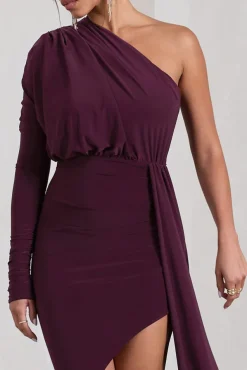 Catherine | Plum One Sleeve Asymmetric Midi Dress With Statement Drape