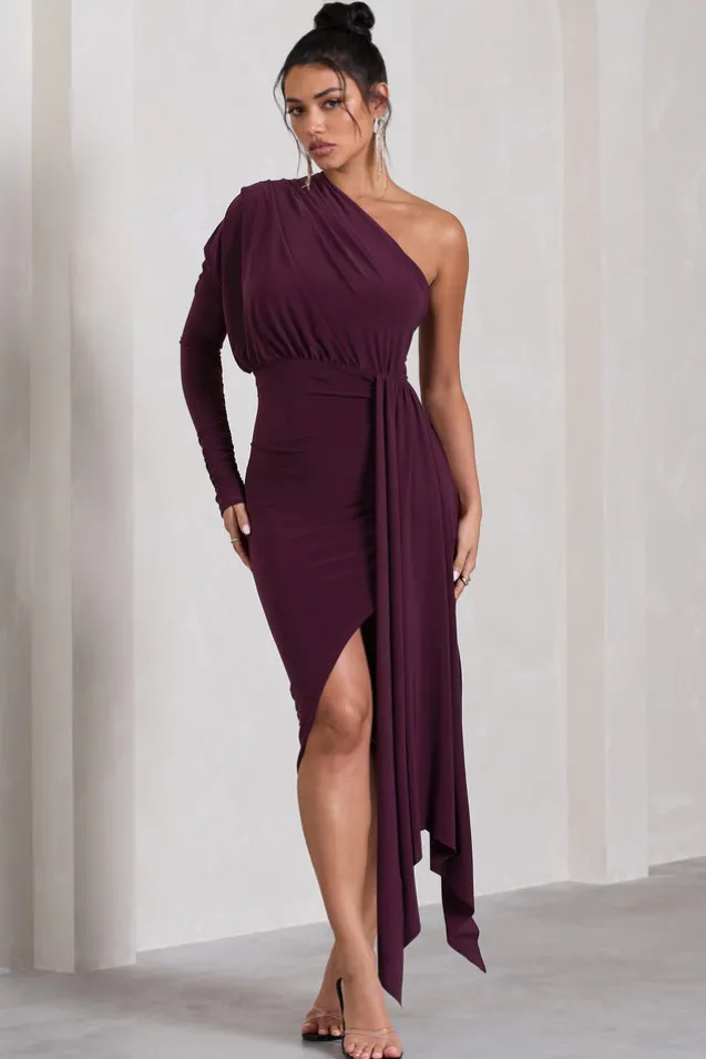 Catherine | Plum One Sleeve Asymmetric Midi Dress With Statement Drape