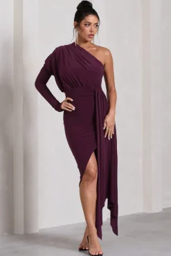 Catherine | Plum One Sleeve Asymmetric Midi Dress With Statement Drape