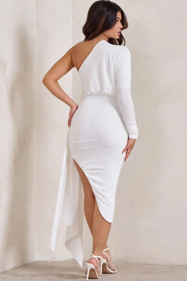 Catherine | White One Sleeve Asymmetric Midi Dress With Statement Drape