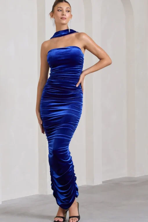 Cayenne | Cobalt Blue Velvet Halter-Neck Bandeau Maxi Dress