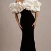 Cecily | Black Velvet Bardot Maxi Dress With Satin Ruffle Trim