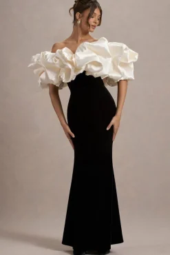 Cecily | Black Velvet Bardot Maxi Dress With Satin Ruffle Trim