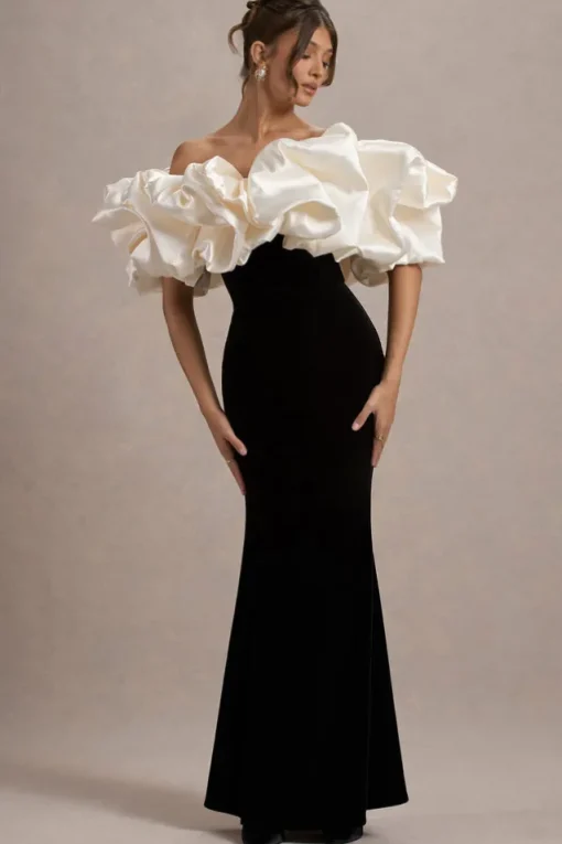 Cecily | Black Velvet Bardot Maxi Dress With Satin Ruffle Trim