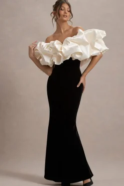 Cecily | Black Velvet Bardot Maxi Dress With Satin Ruffle Trim