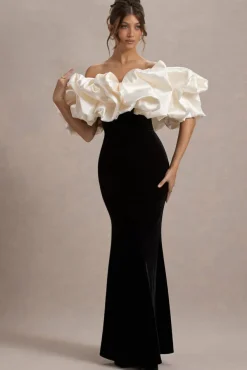 Cecily | Black Velvet Bardot Maxi Dress With Satin Ruffle Trim