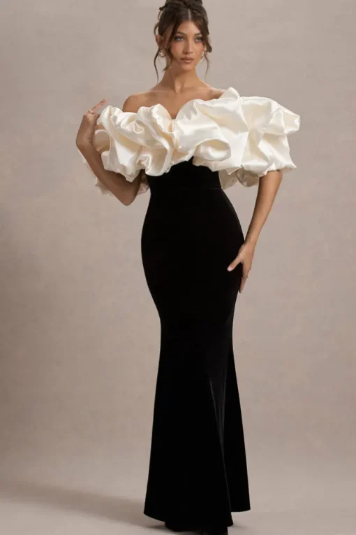 Cecily | Black Velvet Bardot Maxi Dress With Satin Ruffle Trim