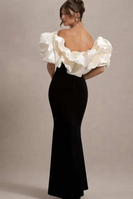 Cecily | Black Velvet Bardot Maxi Dress With Satin Ruffle Trim