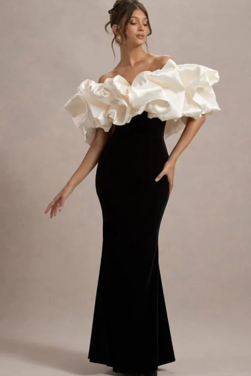 Cecily | Black Velvet Bardot Maxi Dress With Satin Ruffle Trim